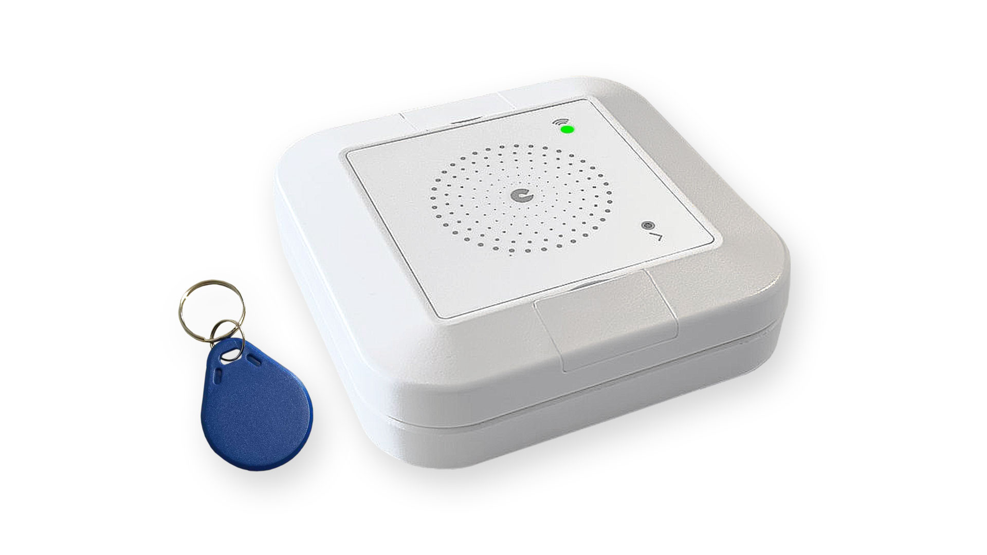 RDR NFC Event Recorder – compact, battery-powered LoRaWAN NFC reader with blue key tag for manual event tracking in RET systems