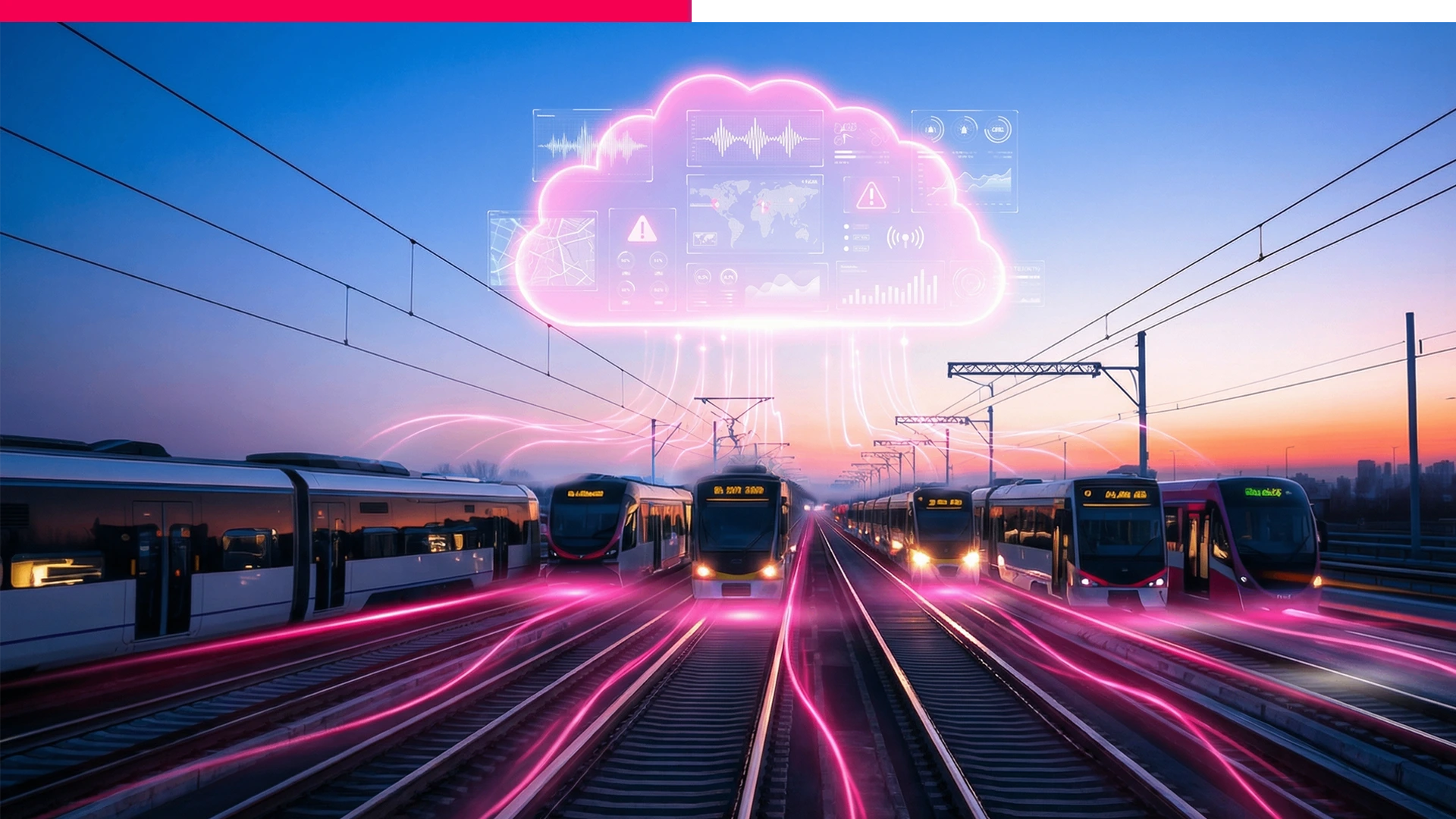 Beleuchtete Szene bei Sonnenaufgang: mehrere moderne Züge auf parallelen Gleisen; darüber schwebt eine stilisierte, leuchtende Cloud mit Datenströmen als Symbol für Konnektivität.