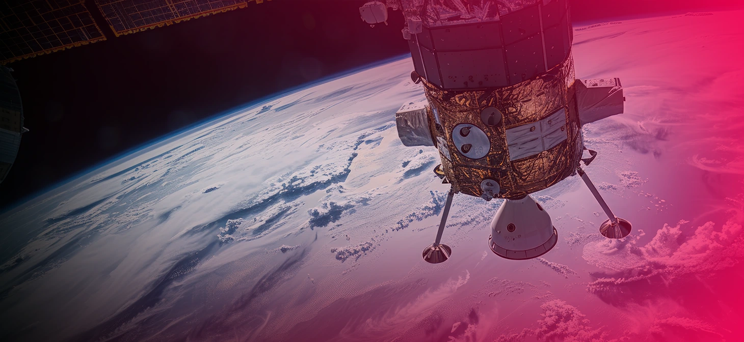 A satellite in space against a vibrant red background, showcasing its structure and design.
