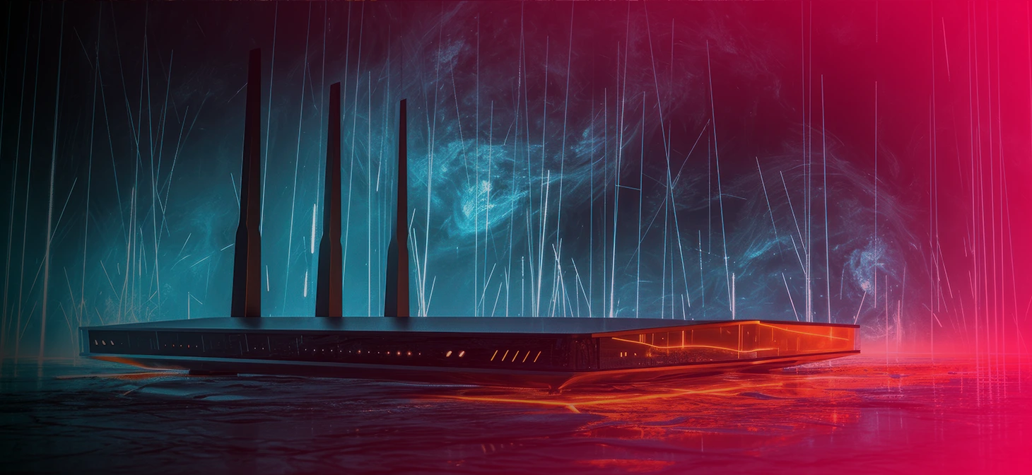 A router exposed to rain, illuminated by a red light, indicating a possible connectivity issue.