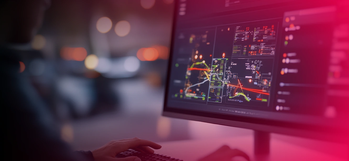 A person sits at a computer displaying a traffic light, focused on the screen.