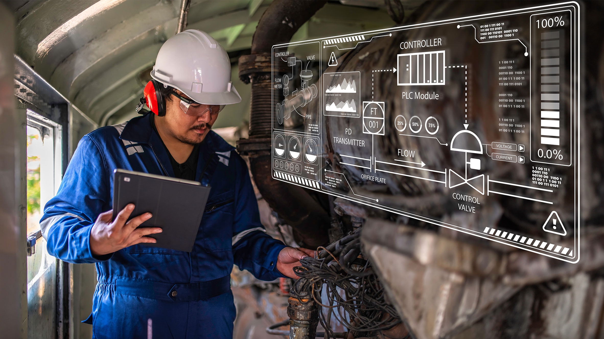 Technicians in safety gear inspecting train components with a tablet, while an advanced user interface displays real-time diagnostic data and system flow for predictive maintenance.