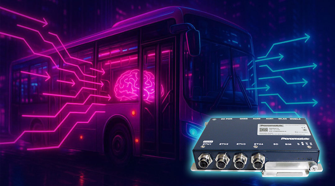 Illustration of a smart public transport bus integrated with Parametric’s RAR Connectivity Hub, visualizing data flow and edge intelligence for modern fleet communication.