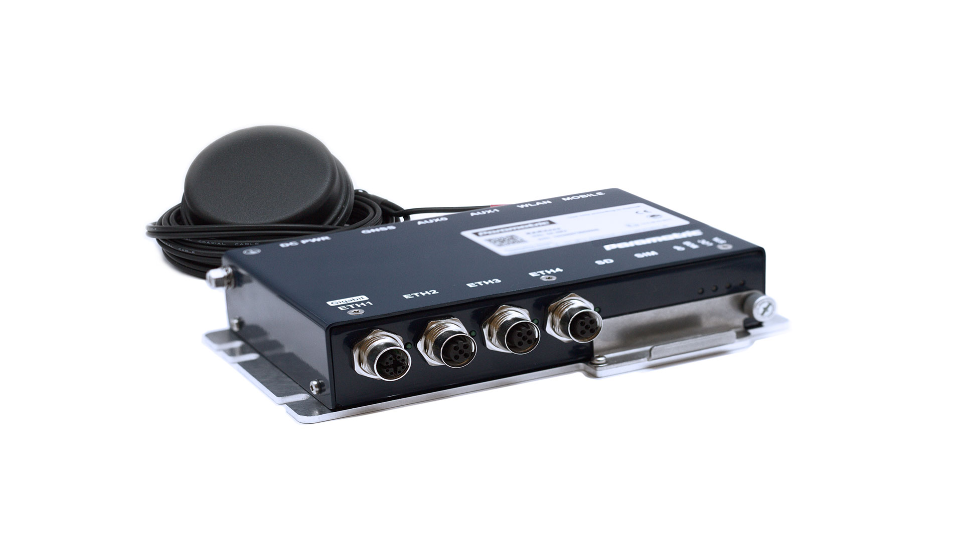 Front view of the RAR4000 Mobile Edge Computer, a robust platform designed for use in trains and buses, supporting Ethernet, mesh, and mobile gateways, as well as control and monitoring tasks, with durable connectors and industrial-grade hardware.