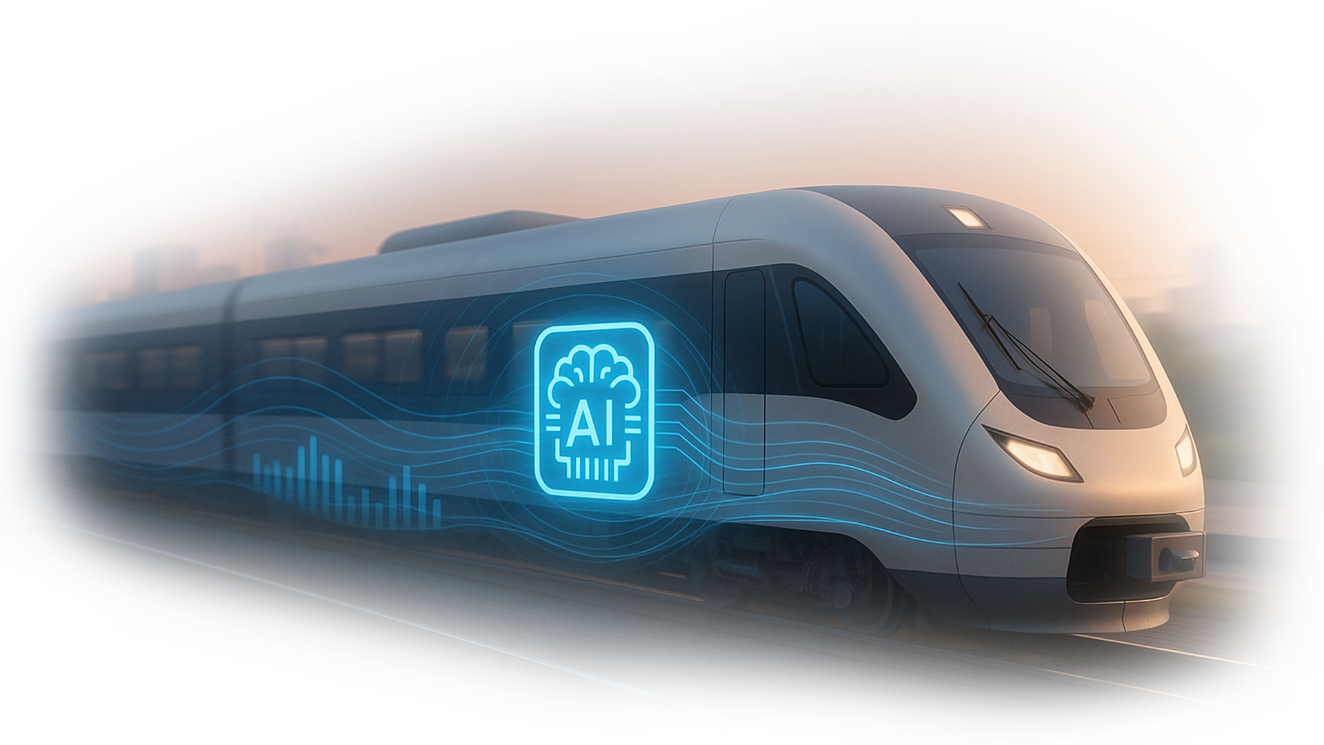 Moderner Zug mit integriertem KI-Edge-Computing-System, dargestellt durch leuchtende Datenströme und ein KI-Chipsymbol an der Seite des Zugs, vor einer städtischen Sonnenuntergangskulisse.